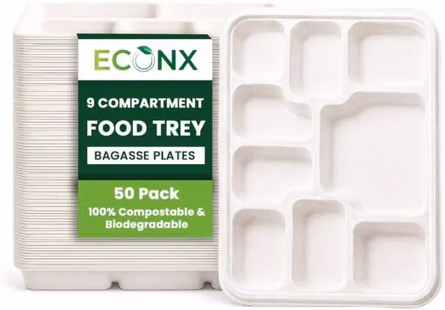 ECONX 200 Pack White Disposable 9 Compartment Bagasse Paper Dinner Plates