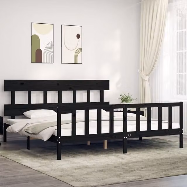 Berkfield Home Solid Wood Pine Bed Frame with Headboard in Black, 200 x 200 cm