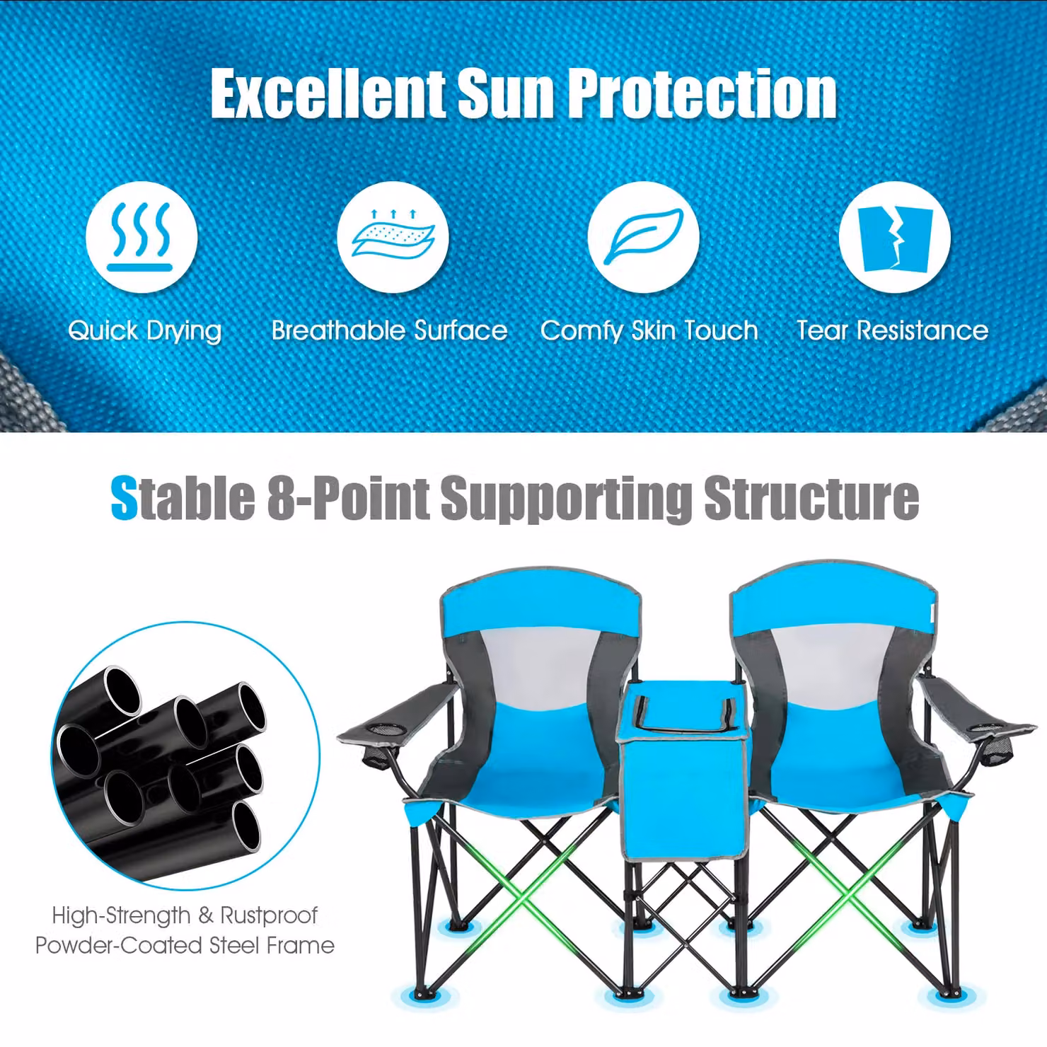 Gymax Double Sunshade Folding Chairs in Blue with Sun Canopy, Armrests and Cup Holders – 7