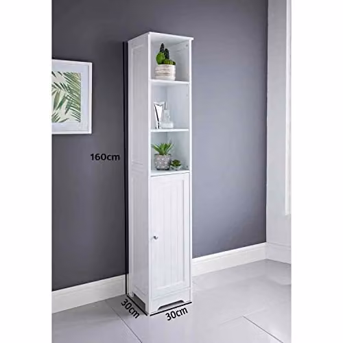 Saxony White Tall Slim Bathroom Storage Cabinet with Hinged Door and Internal Shelves, W/D/H: 30 x 30 x 160 cm – 2