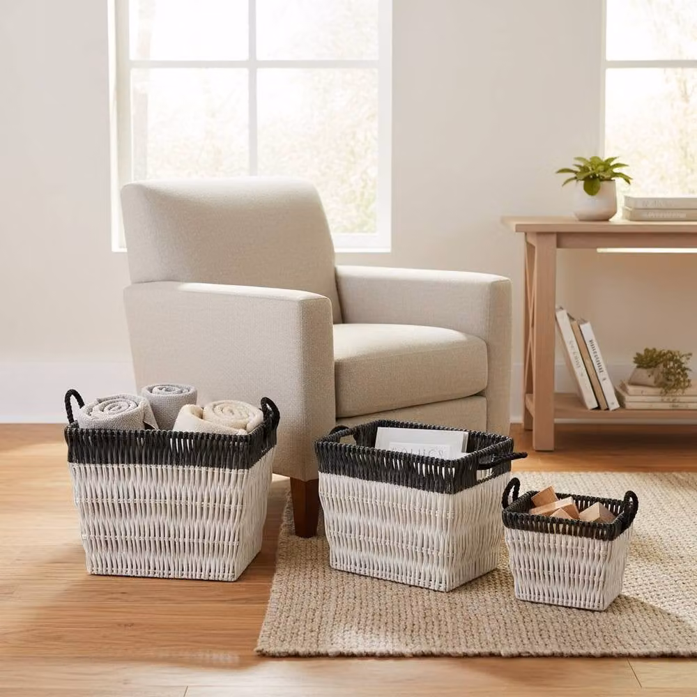 Four Candle Set of 3 White and Blue Open Weave Rattan Storage Baskets – 2