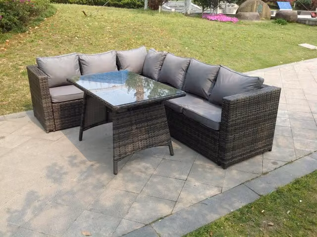 Fimous 6 Seater Dark Grey Rattan Corner Sofa Set with Dining Table and Footrest for Your Garden