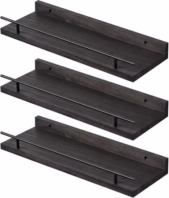 VOGREX Set of 3 Black Matt Wooden Wall Mounted Floating Storage Shelves