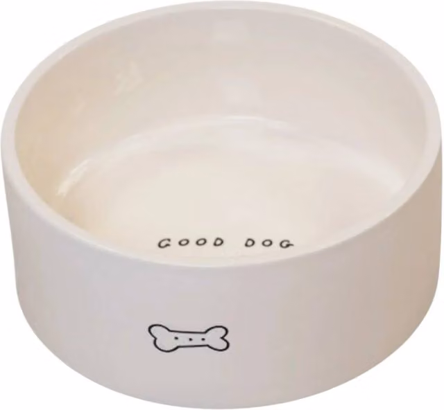 Four Candle White Ceramic Dog Bowl with Bone Design, Diameter: 16 cm