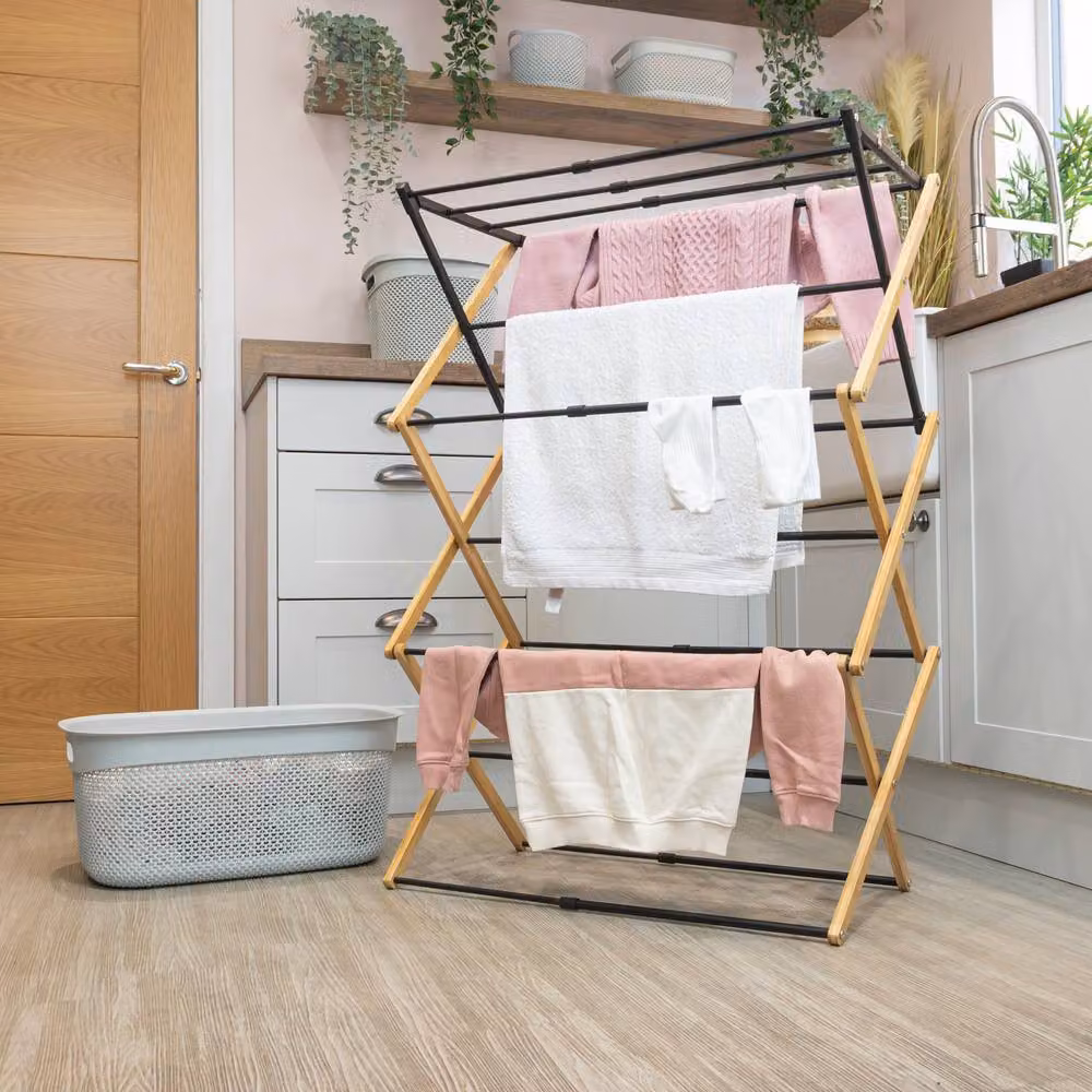 JVL Brown Bamboo 3 Tier Extendable Concertina Clothes Airer – 4
