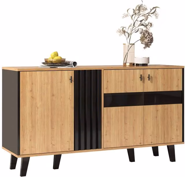 BTM Modern Wood and Black Sideboard with Integrated LED Glass Cabinet, W/D/H: 140 x 41 x 78.5 cm – 1