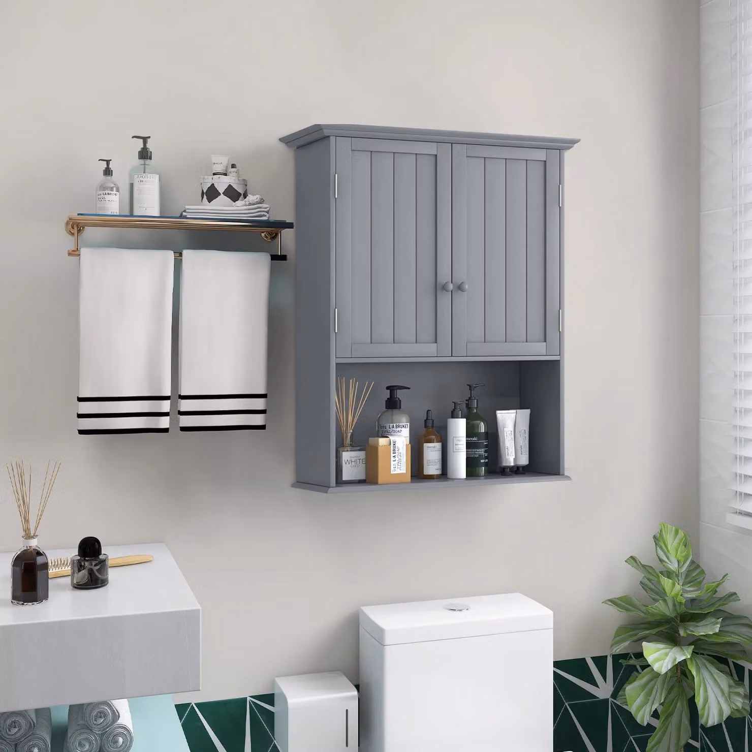 Costway Grey Wall Mounted Bathroom Storage Cabinet with Internal Shelves and Hinged Doors – 4