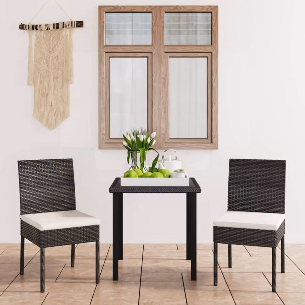Berkfield Home 3 Piece Poly Rattan Outdoor Dining Set with Cushions and Glass Top in Black – 1