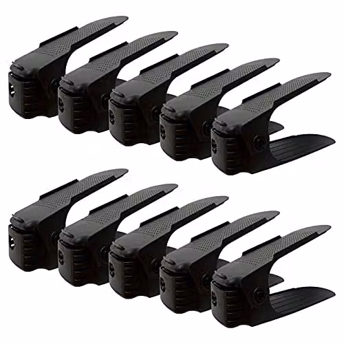 AMOS Pack of 10 Black Plastic Adjustable Space-Saving Shoe Storage Organiser Slots with 3-Level Height and Non-Slip Shelf Holder – 1