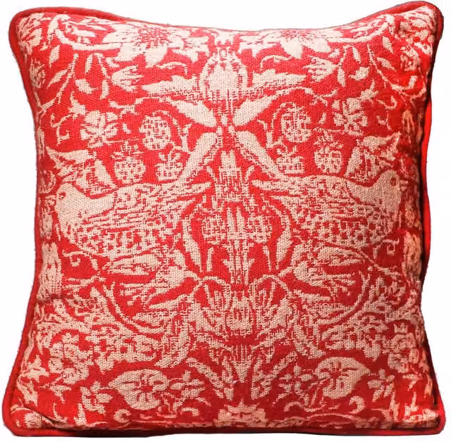 William Morris Strawberry Thief Floral Square Cushion in Red, W/D/H: 40 x 40 x 40 cm