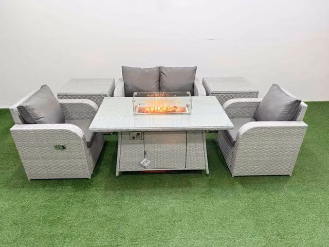Fimous 4 Seater Grey PE Wicker Rattan Garden Furniture Set with Reclining Chairs, Firepit Dining Table and 2 Side Tables
