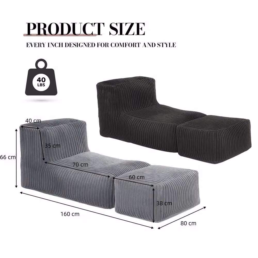 Direct Wicker Modular Bean Bag Lounge Sofa with Ottoman in Light Grey Plush Corduroy Fabric – 2