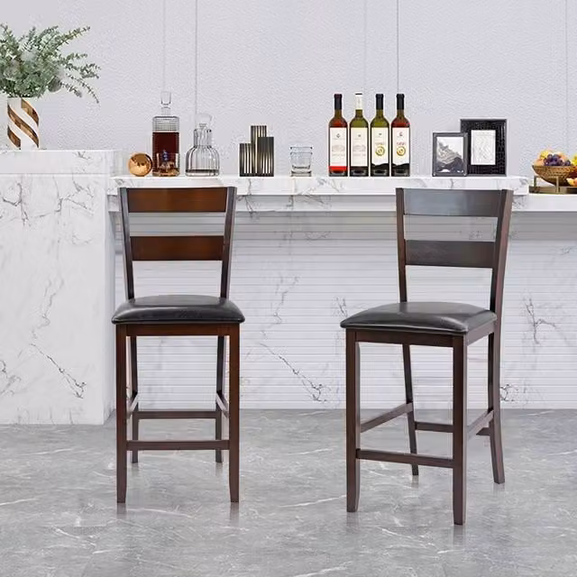 EONLION Set of 2 Modern Black Synthetic Leather and Rubberwood Bar Stools