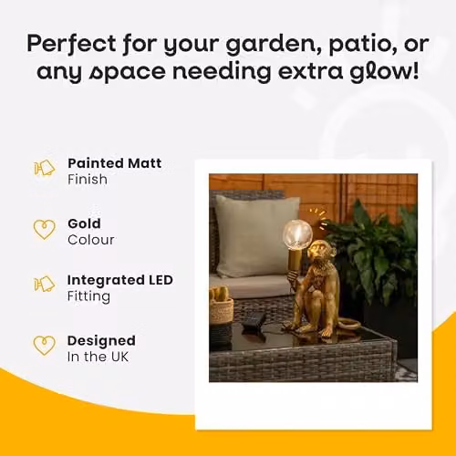 ValueLights Solar Powered Gold Monkey Garden Ornament Table Lamp, H 35.5 cm x W 23.0 cm x D 22.0 cm – 5