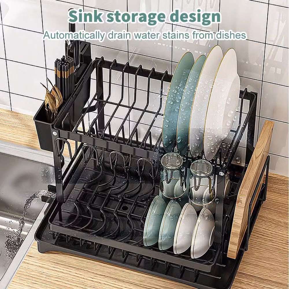 EONLION 2 Tier Kitchen Sink Dish Drainer Rack in Black, Width: 100 cm – 5