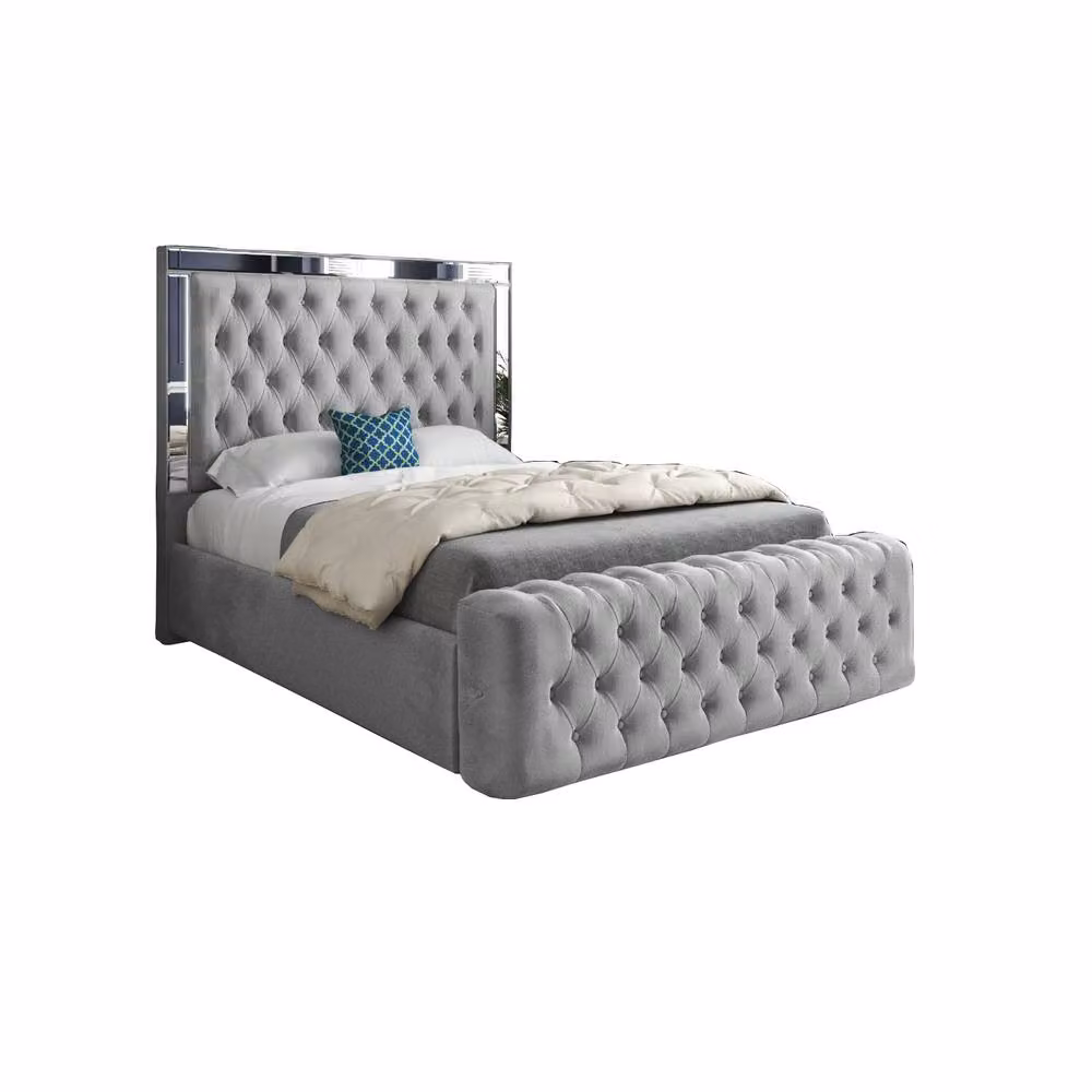 Casani Loweswater Mirror Upholstered Designer Bed Frame in Grey Silver Velvet, W/D/H: 120 x 200 cm – 3
