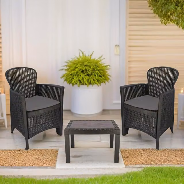 FURNOS Set of 3 Modern Polyrattan Garden Bistro Furniture Set in Grey – 1