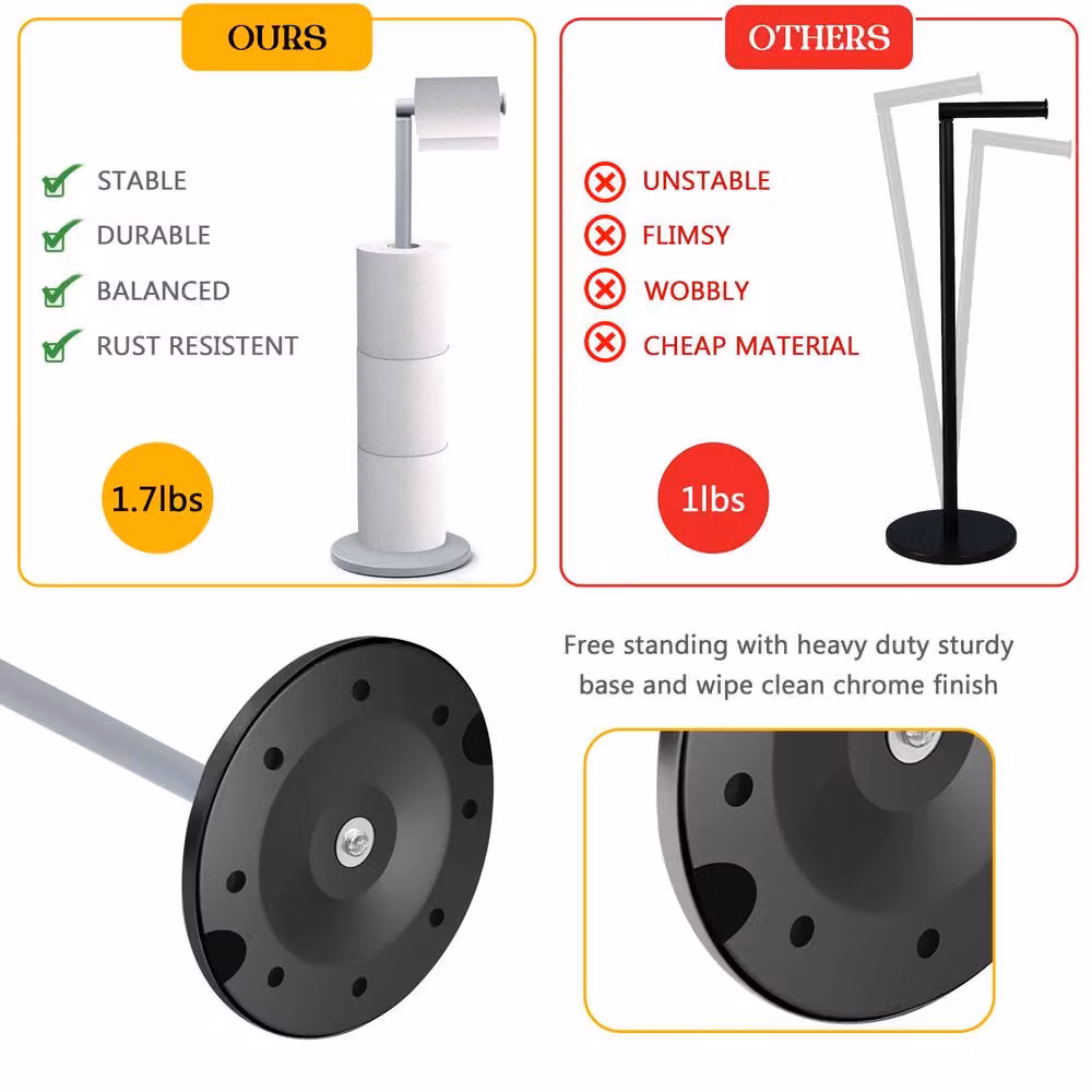Crystals 2 in 1 Freestanding Toilet Paper Holder and Spare Roll Storage Rack in Grey Stainless Steel – 2