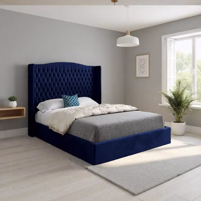 KDMD Stonegrave Winged Upholstered Blue Soft Velvet Designer Bed Frame, Size: Super King, W/D/H: 200 x 137 x 200 cm