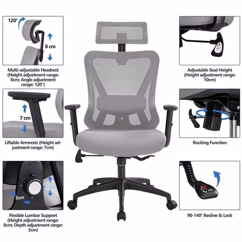 KORVIXA Ergonomic Grey Fabric Office Chair with Headrest and Armrests – 3