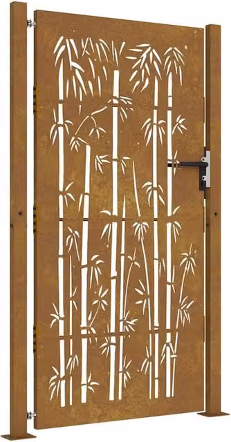 Berkfield Home Garden Gate in Brown Corten Steel with Bamboo Design, W: 105 cm, H: 205 cm – 1