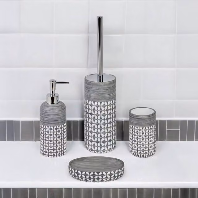 Showerdrape Ravello Geo Floral 4 Piece Ceramic Bathroom Accessory Set in Grey and White – 1