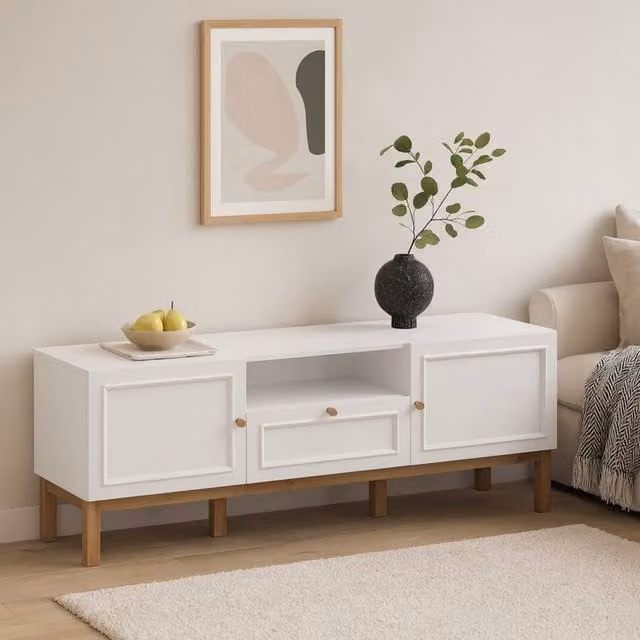 Wyld Haus Turku TV Unit in Light Grey with Oak Detail, featuring 2 Doors and 1 Drawer