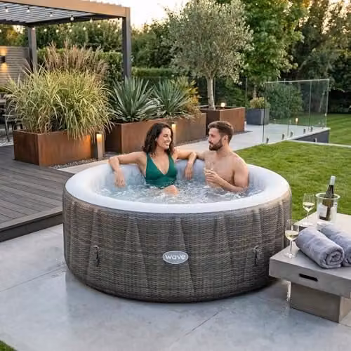 Wave Atlantic 6 Person Inflatable Round Hot Tub in Brown Rattan with Integrated Heater and BubbleJet Massage – 2