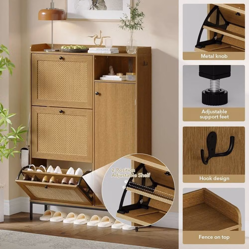 KORVIXA Scandinavian Rattan 3-Drawer Tilt-Out Shoe Cabinet in Brown and Beige, W/D/H: 100 x 100 x 100 cm – 3
