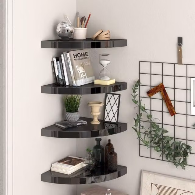 Berkfield Home Set of 4 High Gloss Black Floating Corner Shelves, W/D/H: 35 x 35 x 3.8 cm – 1