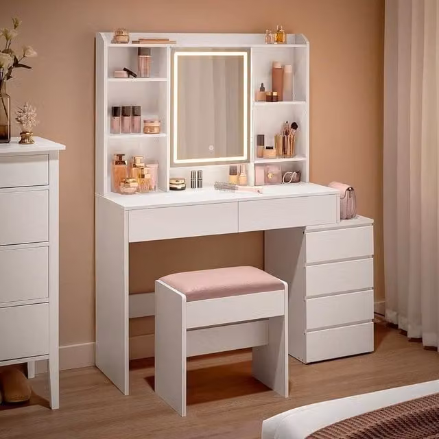 The Bazaarist Modern Hollywood LED Vanity Dressing Table in White, W/D/H: 117.5 x 145 x 60 cm – 1