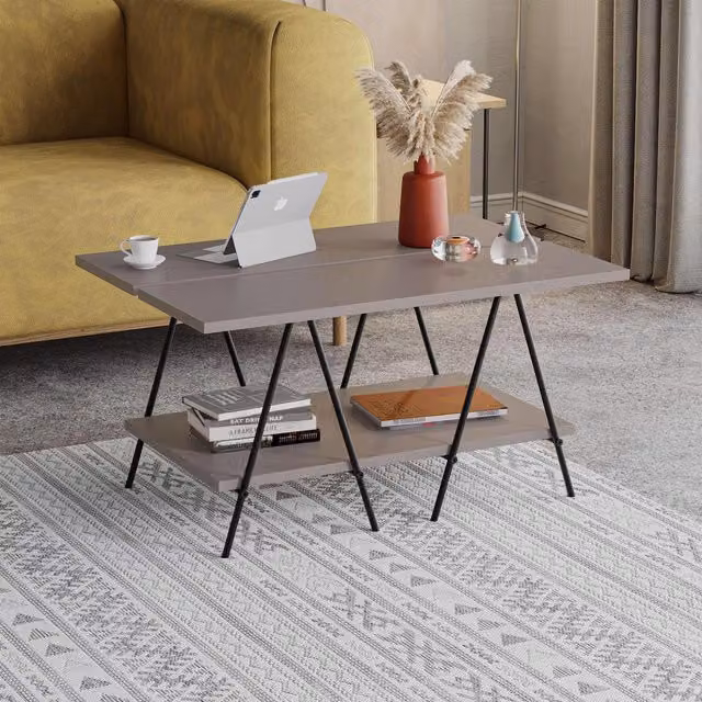 FWStyle 2 Tier Rectangular Coffee Table with Black Metal Frame and Light Grey MDF Tiers