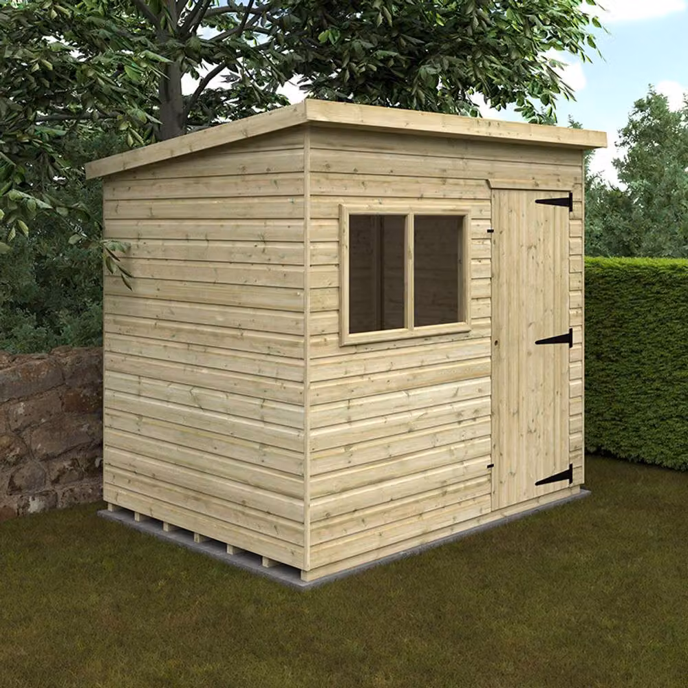 Buttercup Farm Deluxe Pent Shed in Green, 16mm Tanalised Solid Wood with Single Door and Window, W: 243.8 cm, D: 182.9 cm – 2