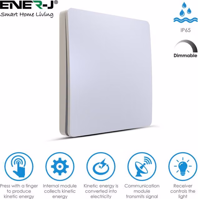 EnerJ Smart 1 Gang Wireless Kinetic Switch and 100W WiFi Dimmable Receiver, White