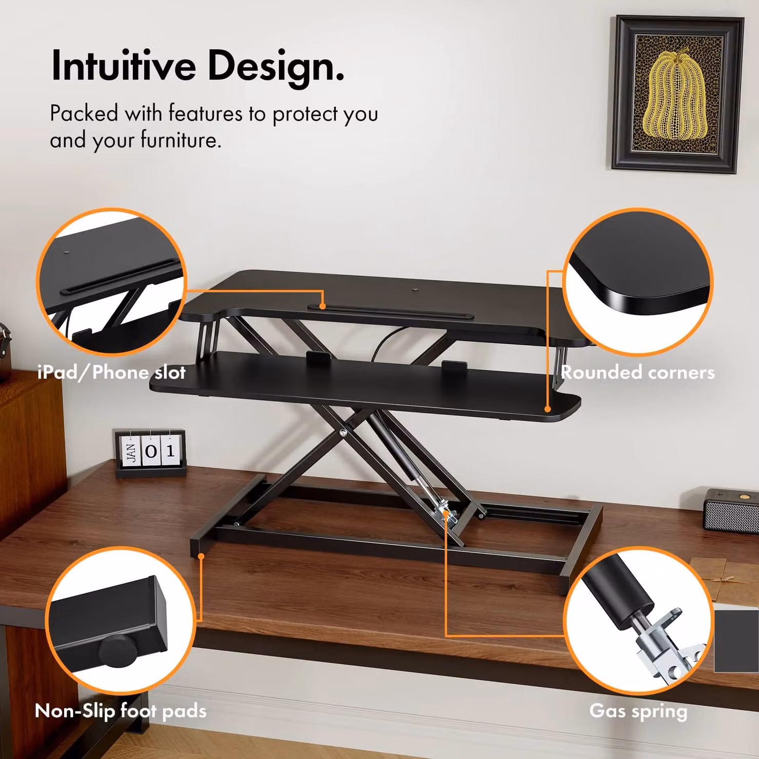VonHaus Height Adjustable Standing Desk Converter in Black with Keyboard Shelf – 5