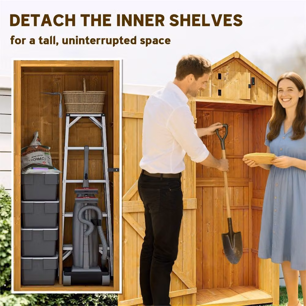 SPETLEK Brown Wooden Garden Storage Shed with 3 Shelves, H 179 x W 67 x D 45 cm – 3