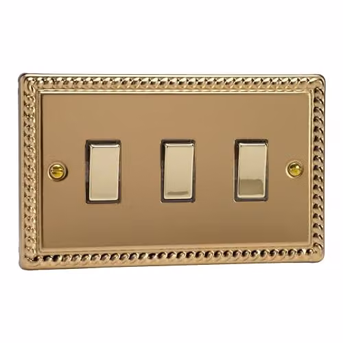Varilight Classic Georgian Brass Two-Way Triple Light Switch Plate in Gold and Yellow – 1