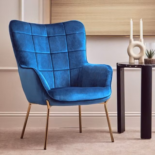 Orsina Blue Velvet High Back Armchair with Gold Metal Legs