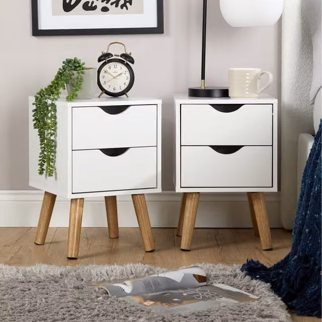 Home Source Boden Pair of 2 Drawer Bedside Table Storage Units in White Oak Wood