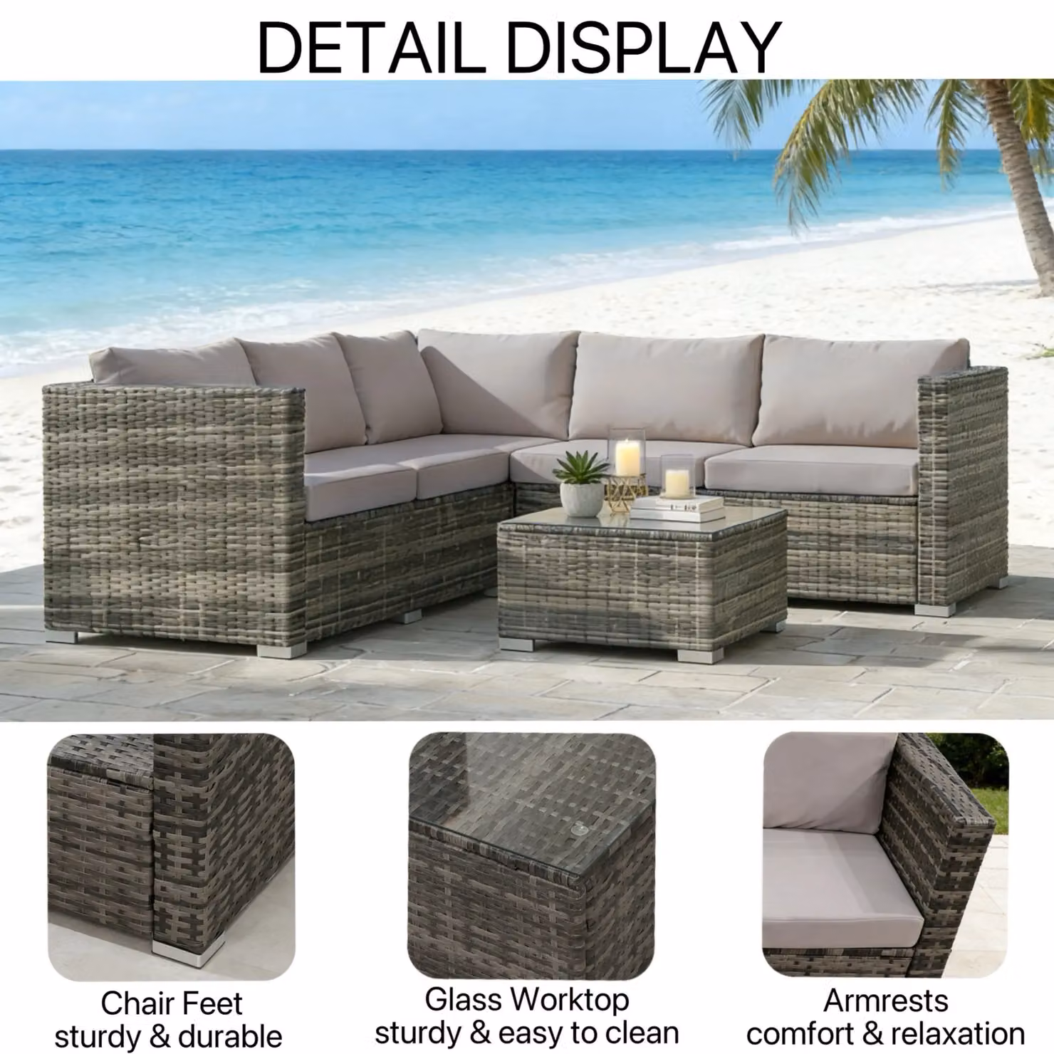 Alivio 5 Seater Grey Rattan Corner Sofa Set with Coffee Table and UV-Resistant Cushions – 7