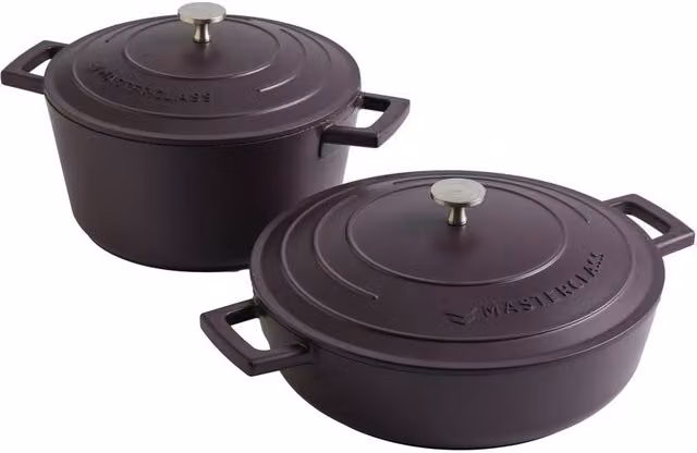 MasterClass Set of 2 Non-Stick Cast Aluminium Casserole Dishes in Purple Aubergine
