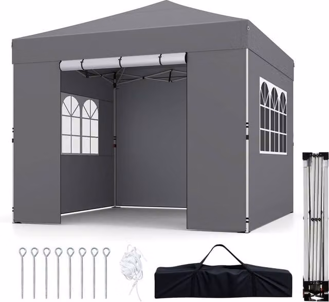 Gymax Grey Pop Up Commercial Gazebo with 4 Sidewalls, W: 300 cm, D: 300 cm, H: 284 cm – 1