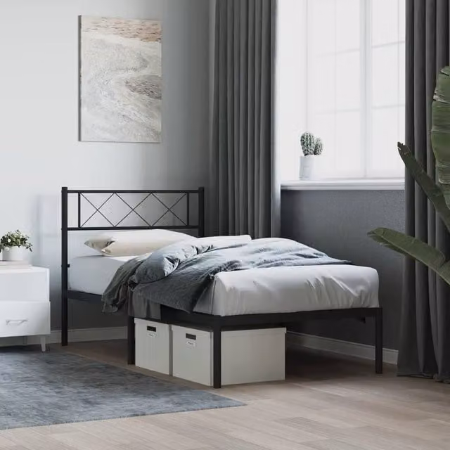 Berkfield Home Metal Bed Frame with Headboard in Black, W/D/H: 100 x 190 cm – 1