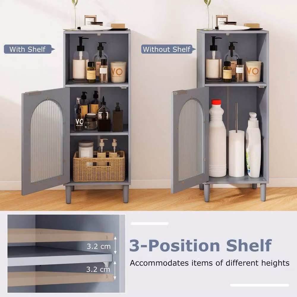 Kelvenix Freestanding Wood Side Storage Cabinet with Glass Doors in Grey – 3