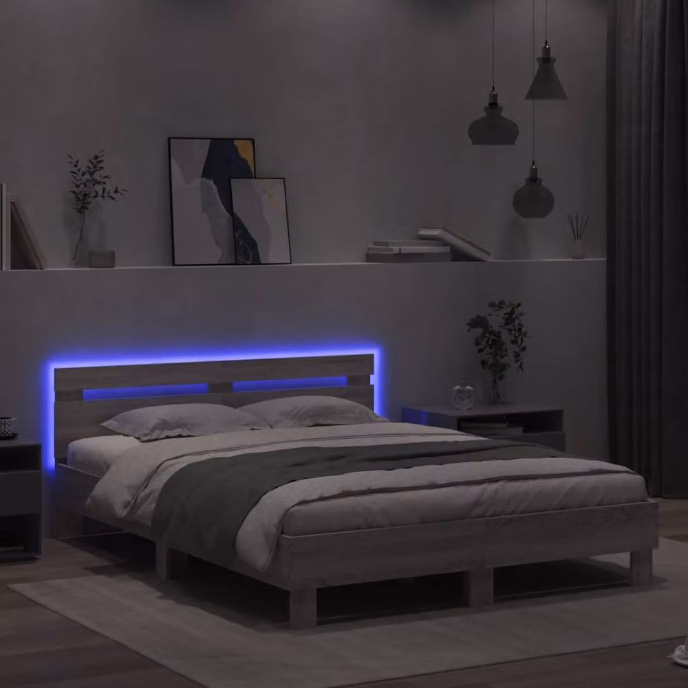 Berkfield Home Grey Sonoma Bed Frame with LED Lighting and USB Charging Port, W: 140 cm, L: 200 cm – 3