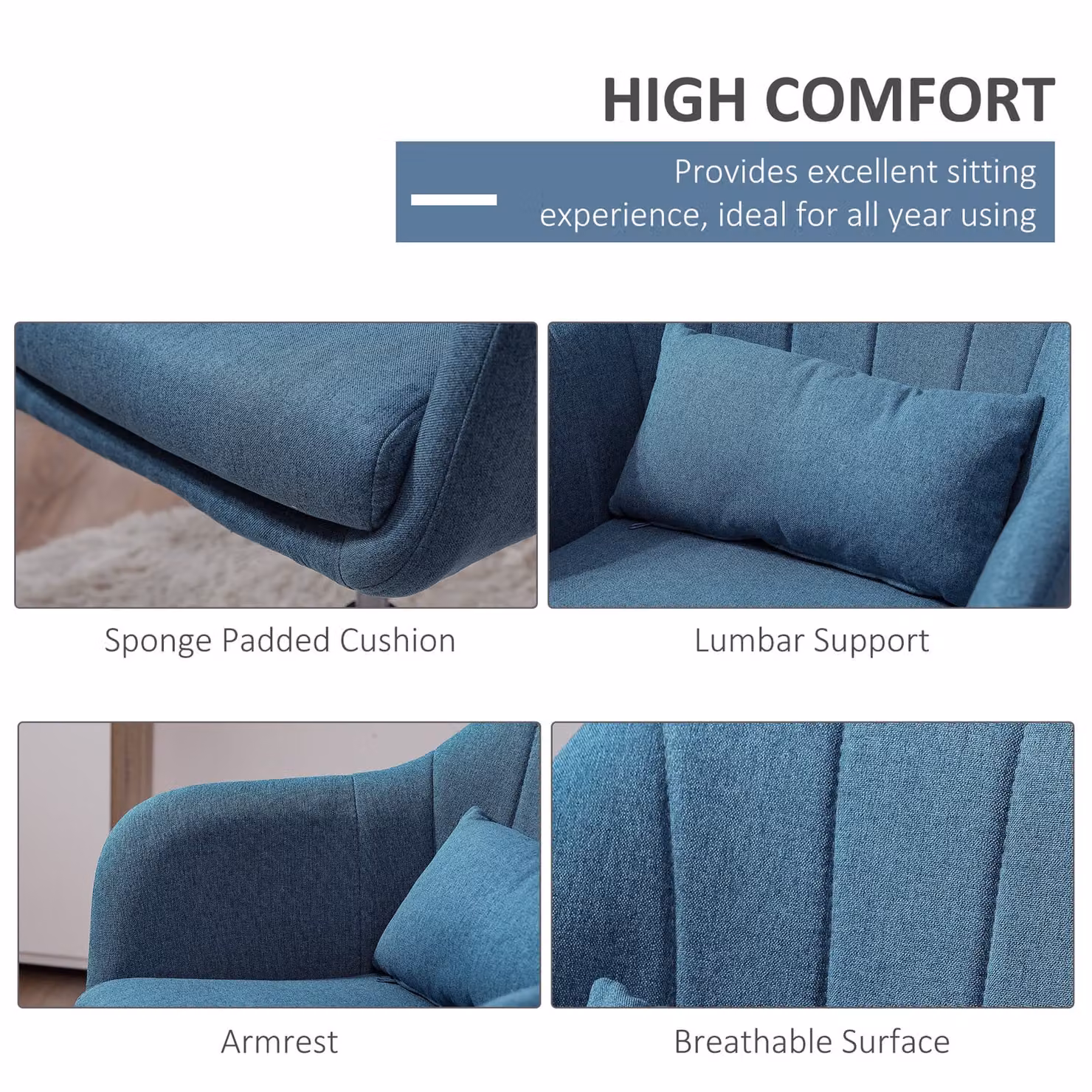 HOMCOM Blue Swivel Accent Chair with Adjustable Height and Lumbar Support – 4