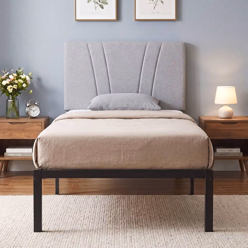 HOMCOM Single Bed Frame with Upholstered Headboard in Black and Grey, W/D/H: 90 x 190 cm – 2
