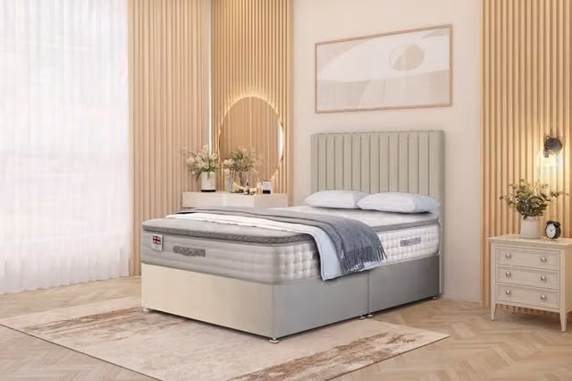 Somnior Eleanor Tweed Divan Bed Set with Pillowtop Hybrid Mattress and 54 inch Headboard in Sand Beige, W/D: 140 x 200 cm – 1