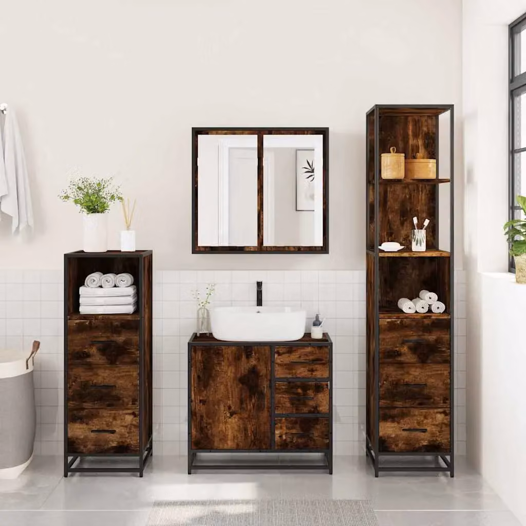 Berkfield Home 4-Piece Industrial Bathroom Furniture Set in Smoked Oak and Brown – 2