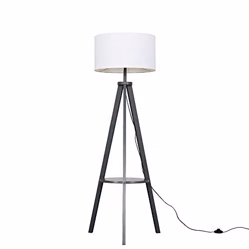 MiniSun Modern Grey Wood Tripod Floor Lamp with Storage Shelf and White Fabric Drum Shade, Includes 6W LED E27 Warm White Bulb